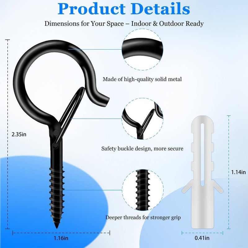 KULOLO 24 Pack Black Screw Hooks with Safety Buckle - 2.3 Inch Rustproof Eye Ceiling Hooks for Hanging Plants,Outdoor String Lights,Baskets,Christmas Lights & Decor,40lb Capacity (24, Black) - Image 2